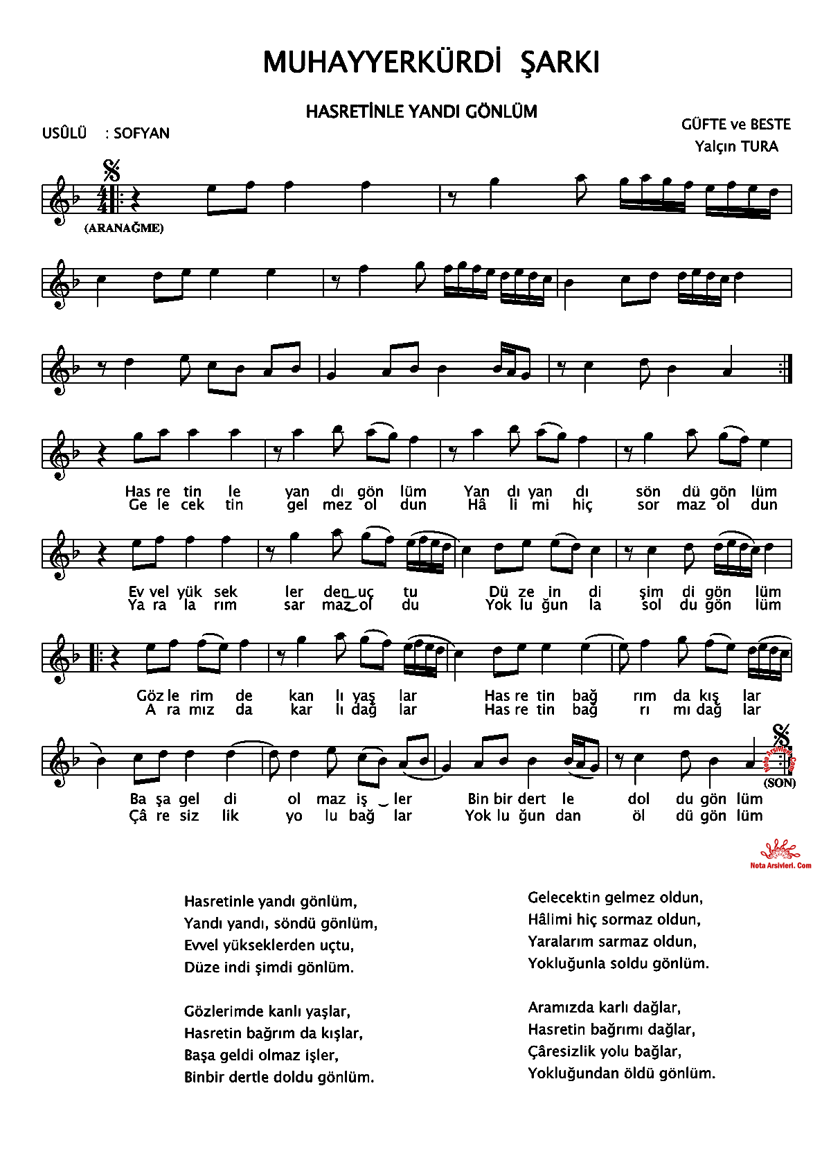 hasretinle yandı gönlüm klarnet notası